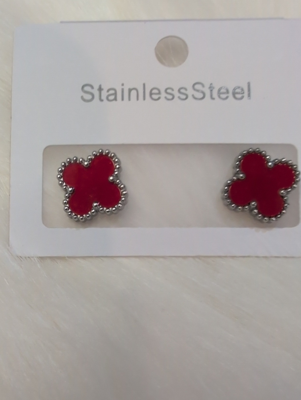 Red Clover Flower Stainless Steel Stud Pierced Earrings Fashion